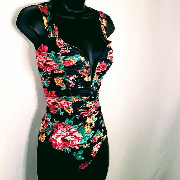 New S Floral Ruched Deep V Neck Wired Bodysuit Black 90's Retro - Picture 6 of 8